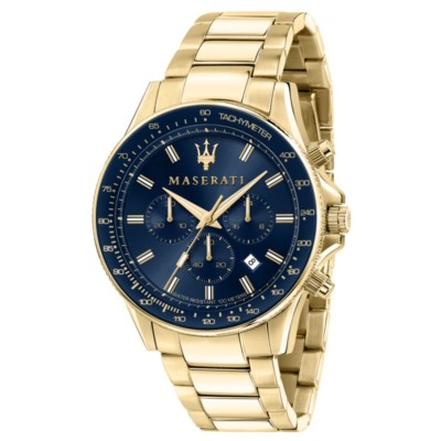 Reloj Maserati Caballero Sfida Acero Ip Dorado Esfera Azul Cronógrafo 44mm Ref: R8873640008