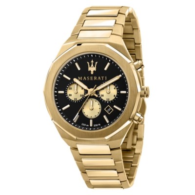 Reloj Maserati Caballero Stile Acero Ip Dorado Esfera Negra Cronógrafo 45mm Ref: R8873642001