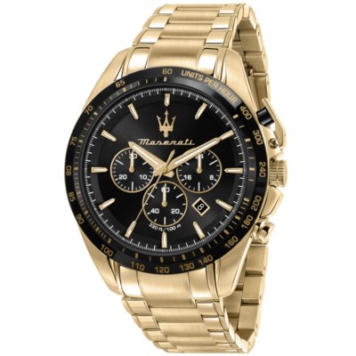 Reloj Maserati Caballero Traguardo Acero Ip Dorado Esfera y Bisel Cerámico Negro 45mm Ref: R8873612041
