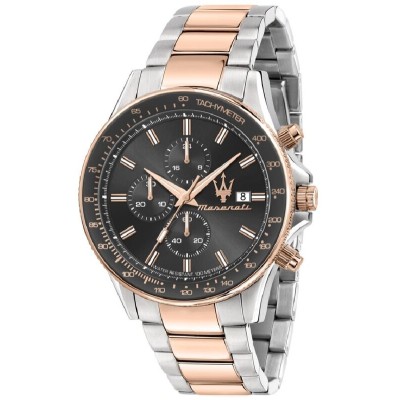 Reloj Maserati Caballero Sfida Bicolor Acero/Rosado Esfera Negra Cronógrafo 44mm Ref: R8873640014