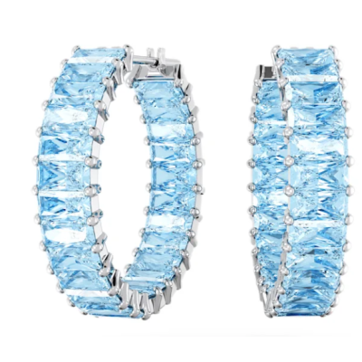 Pendientes De Aro Swarovski Matrix Talla Baguette Azules, Baño De Rodio Ref: 5659037
