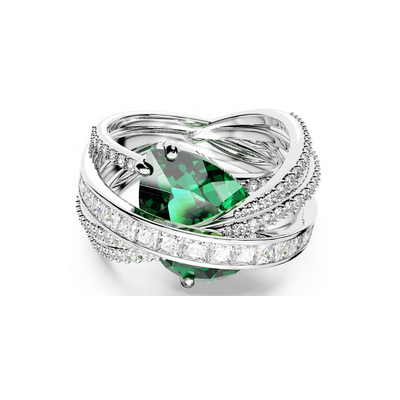 Anillo De Cóctel Hyperbola Circonita Neutra En Carbono, Tallas Mixtas, Cuatro Bandas, Verde, Baño De Rodio Swarovski Ref.5666959