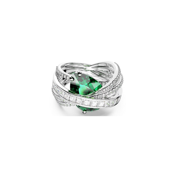 Anillo De Cóctel Hyperbola Circonita Neutra En Carbono, Tallas Mixtas, Cuatro Bandas, Verde, Baño De Rodio Swarovski Ref.5666959