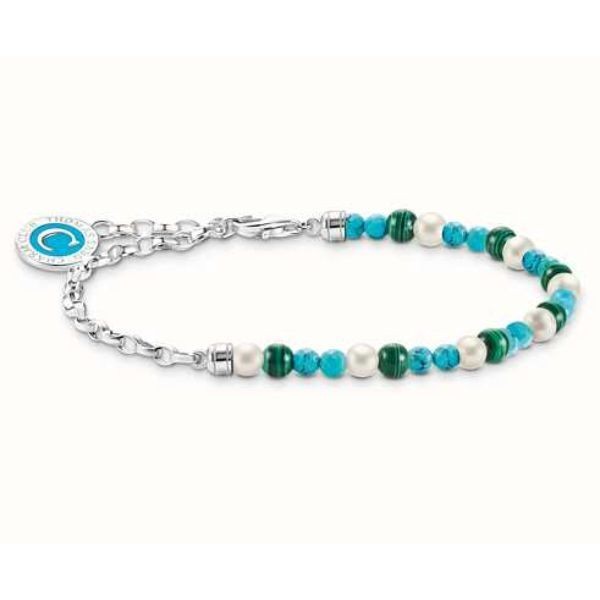 Pulsera Charm Miembro Thomas Sabo Con Perlas Blancas, Malaquita y Charmista Medalla Plata Ref: A2130-158-7-L19V