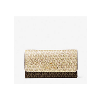 MICHAEL KORS 34H1GT9E3V 731 BROWN/PL GOLD CARTERA JET SET CHARM LARGE TWO-TONE LOGO TRI-FOLD WALLET