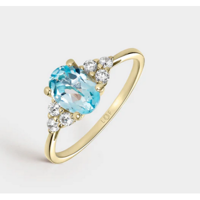 Anillo Litta Fiore Topacio Azul Fino 8mm-6mm Y Circonitas En Oro De 18 Quilates Ref: LRN-215-800-16