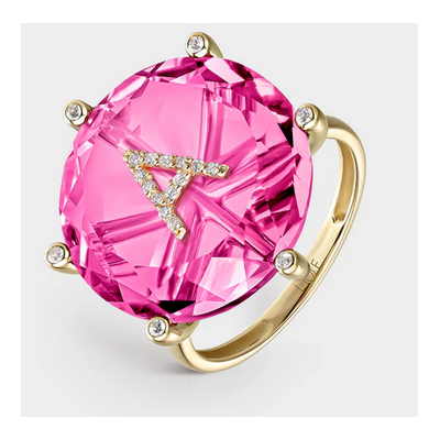 Anillo Litta Fiore Cocktail OA Con Piedra Principal Y Letra Inicial A, Corindón Rosa Plano Redondo De 18mm Ref: LRN-203-042-14