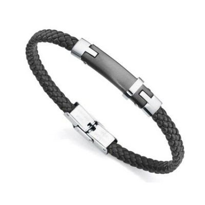 Pulsera Magnum de acero con Ip negro y piel negra trenzada Ref: 14014P01010