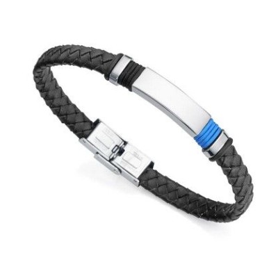 Pulsera Magnum de piel negra con motivo en acero y cordón azul Ref: 6480P01019