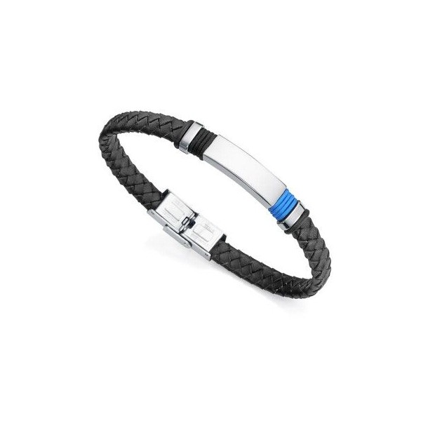 Pulsera Magnum de piel negra con motivo en acero y cordón azul Ref: 6480P01019