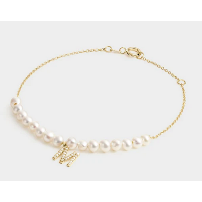 Pulsera Litta Fiore Oro Amarillo 16 Perlas Pasadas De 3-3,50mm Y Inicial M Circonitas Ref: LBR-220-835-UU