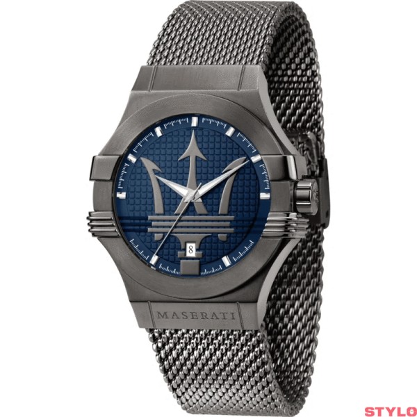 Reloj Maserati Caballero Potenza Malla Milanesa Acero Ip Gris Esfera Azul 42mm Ref: R8853108005