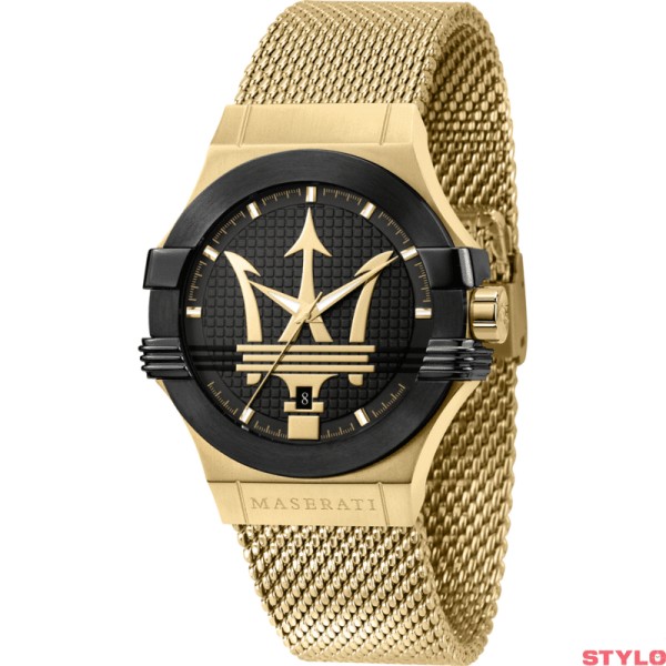 Reloj Maserati Caballero Potenza Malla Milanesa Acero Ip Dorado Esfera Negra 42mm Ref: R8853108006