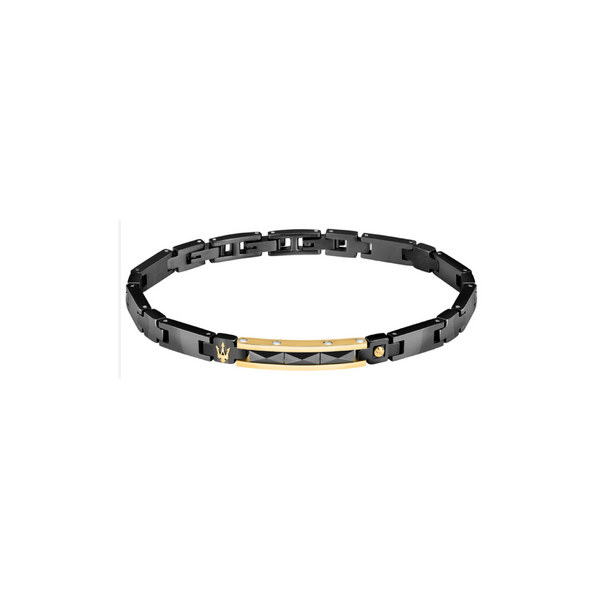Pulsera Maserati Gioelli Caballero Cerámica Negra Logo Ip Dorado Ref: JM224ATZ36