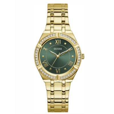 Reloj Guess Mujer Cosmo Acero Ip Dorado Esfera Verde Con Circonitas En El Bisel 36mm Ref: GW0033L8