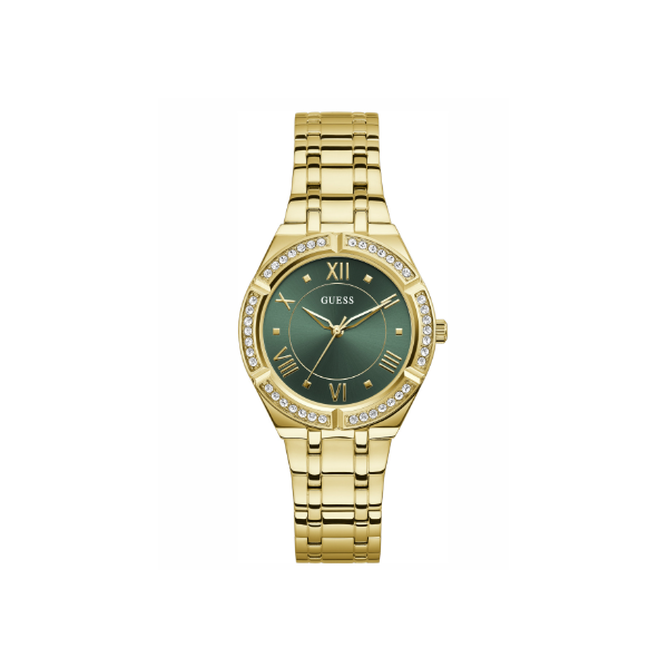 Reloj Guess Mujer Cosmo Acero Ip Dorado Esfera Verde Con Circonitas En El Bisel 36mm Ref: GW0033L8