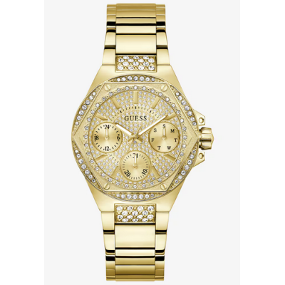Reloj Guess Mujer Envy Acero Ip Dorado Brillante Con Circonitas Caja Hexagonal Pavé Multifunción 38mm Ref: GW0878L2