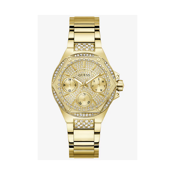 Reloj Guess Mujer Envy Acero Ip Dorado Brillante Con Circonitas Caja Hexagonal Pavé Multifunción 38mm Ref: GW0878L2
