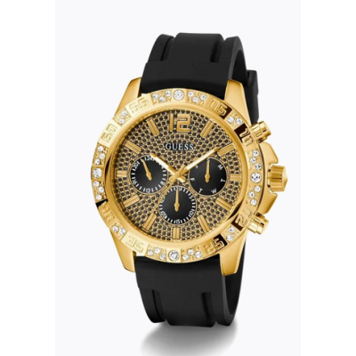 Reloj Guess Caballero Majestic Correa Silicona Negro Acero Ip Dorado Brillante Con Circonitas 48mm Ref: GW0909G2
