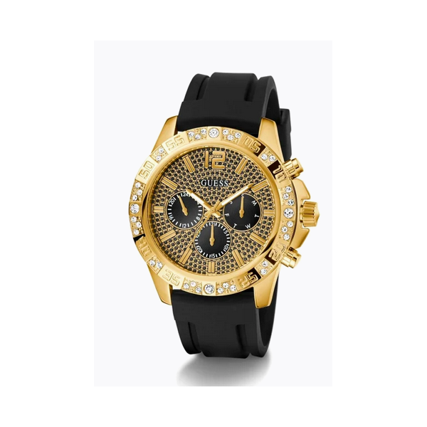 Reloj Guess Caballero Majestic Correa Silicona Negro Acero Ip Dorado Brillante Con Circonitas 48mm Ref: GW0909G2