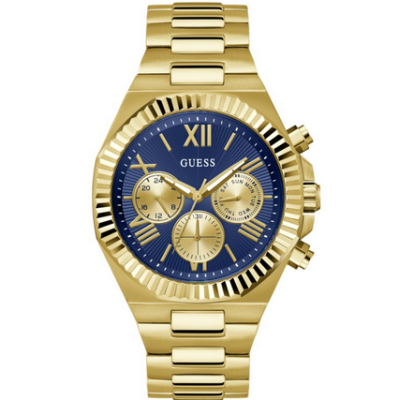 Reloj Guess Caballero Equity Acero Dorado Mate Esfera Azul Multifunción Bisel Dentado 44 Ref: GW0703G6