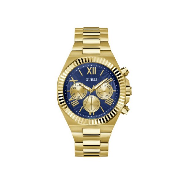 Reloj Guess Caballero Equity Acero Dorado Mate Esfera Azul Multifunción Bisel Dentado 44 Ref: GW0703G6