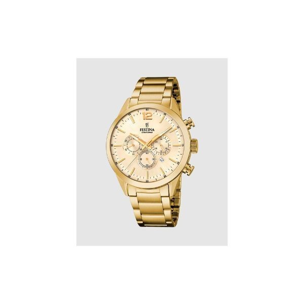 Reloj Festina Caballero Timeless Chronograph Acero Dorado Esfera Dorada 43,5mm Ref: F20633/4