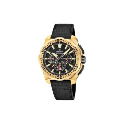 Reloj Festina Caballero Chrono Bike Correa Piel y Esfera Negra Chronograph Acero Ip Dorado 45,5mm Ref: F20728/3