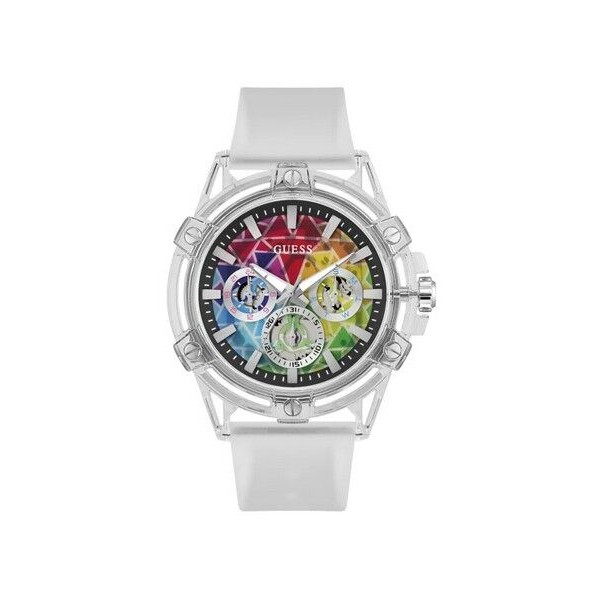 Reloj Guess Caballero King Correa Silicona Blanca Caja Nylon Transparente 48mm Ref: GW0908G3