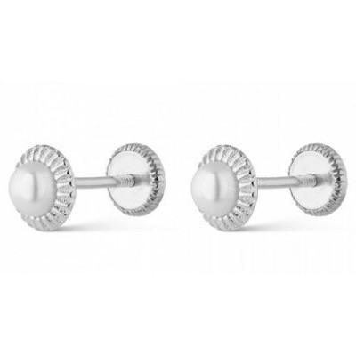 Pendientes Promojoya De Bebé Plata Rodiada Perla De 4 Mm Con Bisel Gallonado Cierre Rosca Ref: 9104362