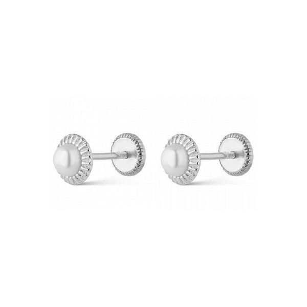 Pendientes Promojoya De Bebé Plata Rodiada Perla De 4 Mm Con Bisel Gallonado Cierre Rosca Ref: 9104362
