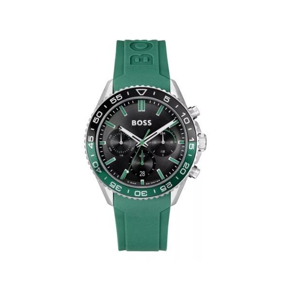 Reloj Boss Caballero Runner Silicona Verde Esfera Negra Cronógrafo 43mm Ref: 1514246