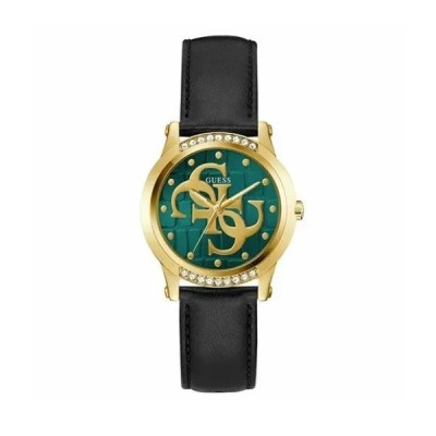 Reloj Guess Mujer Annette Correa Piel Negra Acero Ip Dorado Esfera Verde Logos 4G 34mm Ref: GW0860L6