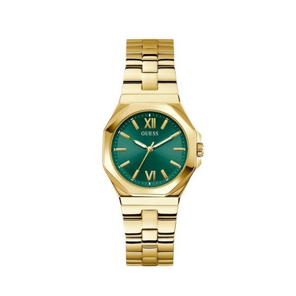 Reloj Guess Mujer Empress Acero IP Dorado Esfera Rayos De Sol Verde 34mm Ref: GW0873L2