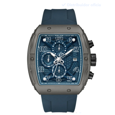 Reloj Police Caballero Coswig Caucho Azul Marino Rectangular Cronógrafo 45mm Ref: PEWGO0063102