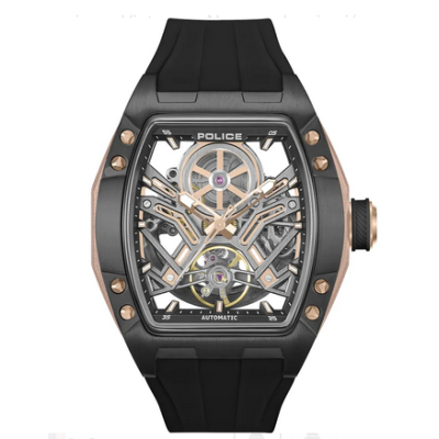 Reloj Police Caballero Tampa Caucho Negro Rectangular Oro Rosado Multifunción 42mm Ref:  PEWGR0082104
