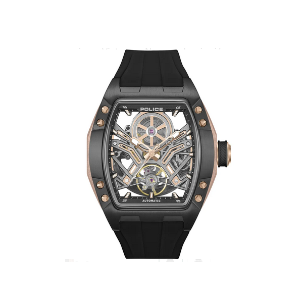 Reloj Police Caballero Tampa Caucho Negro Rectangular Oro Rosado Multifunción 42mm Ref:  PEWGR0082104