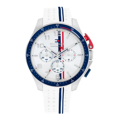 Reloj Tommy Hilfiger Caballero Bank Cronógrafo Caucho Blanco y Azul 46mm Ref:1792167