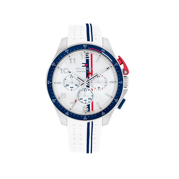 Reloj Tommy Hilfiger Caballero Bank Cronógrafo Caucho Blanco y Azul 46mm Ref:1792167