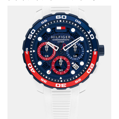 Reloj Tommy Hilfiger Caballero TH-Regatta Caucho Blanco Esfera Azul/Rojo Cronógrafo 44mm Ref: 1792231