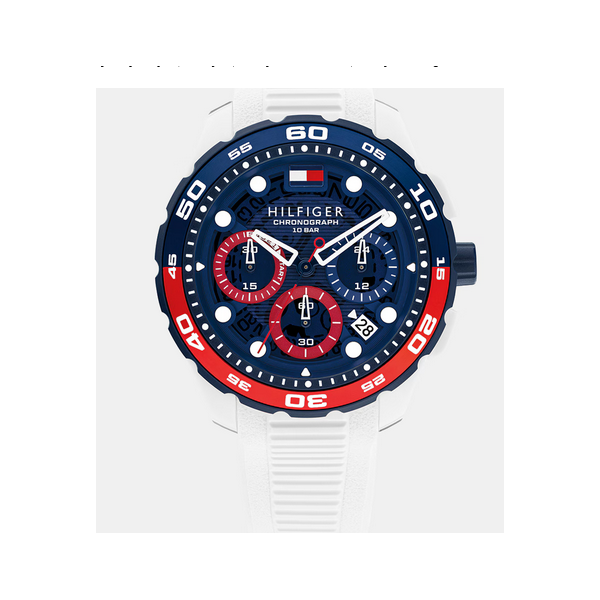 Reloj Tommy Hilfiger Caballero TH-Regatta Caucho Blanco Esfera Azul/Rojo Cronógrafo 44mm Ref: 1792231