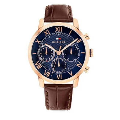 Reloj Tommy Hilfiger Caballero TH-Oxford Piel Marrón Esfera Azul Ip Rosé Multifunción 42mm Ref: 1710727