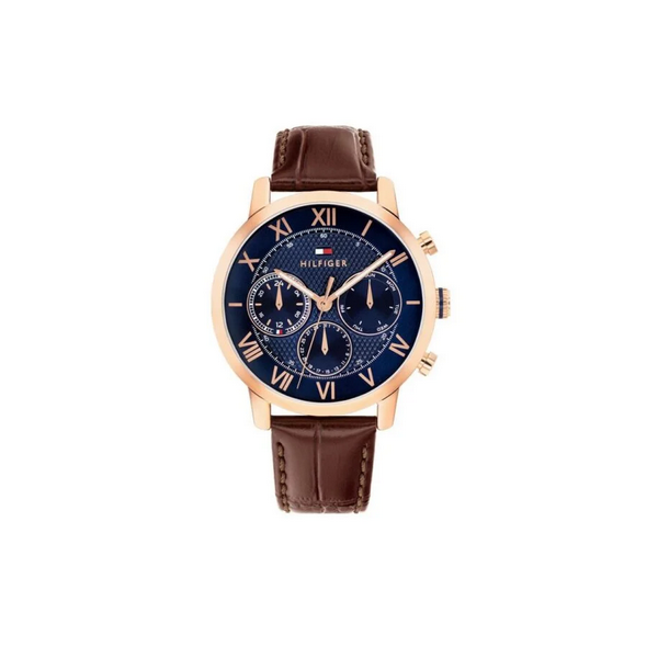 Reloj Tommy Hilfiger Caballero TH-Oxford Piel Marrón Esfera Azul Ip Rosé Multifunción 42mm Ref: 1710727