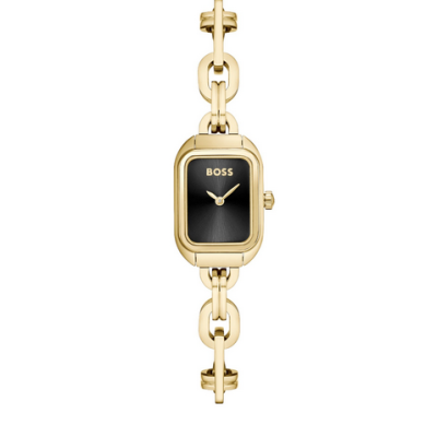Reloj Boss Mujer Hailey Acero Ip Dorado Tipo Pulsera Esfera Negra 19mm Ref: 1502739