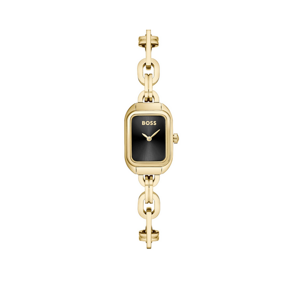 Reloj Boss Mujer Hailey Acero Ip Dorado Tipo Pulsera Esfera Negra 19mm Ref: 1502739