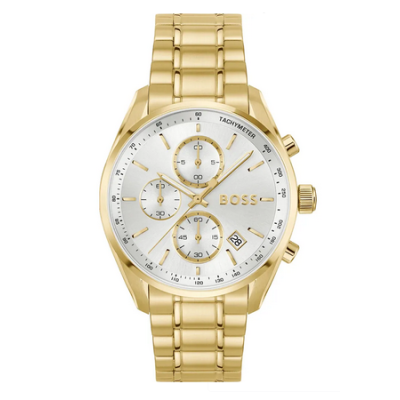 Reloj Boss Caballero Grand Prix Acero Ip Dorado Esfera Blanca Cronógrafo 40mm Ref: 1514261