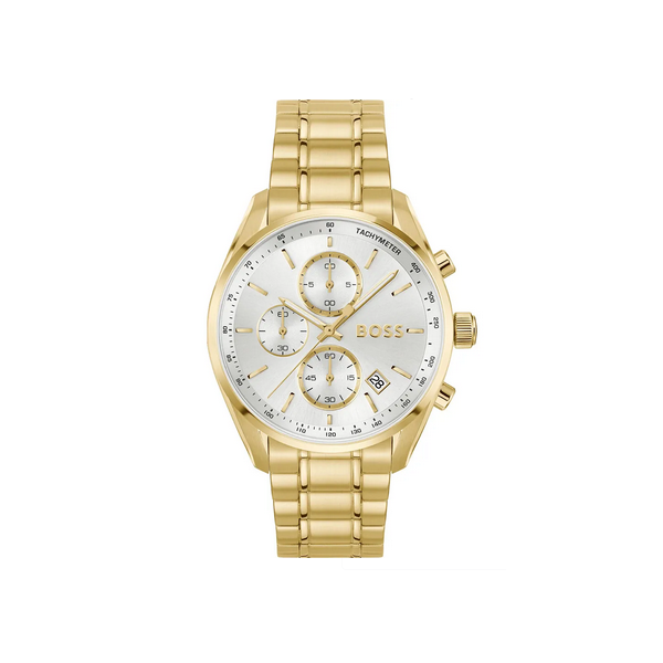 Reloj Boss Caballero Grand Prix Acero Ip Dorado Esfera Blanca Cronógrafo 40mm Ref: 1514261