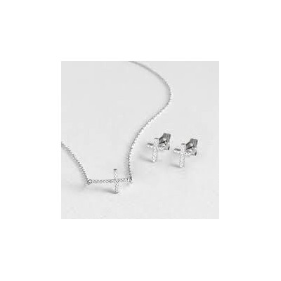 Collar y Pendientes Luxenter Cruz Plata De Ley Acabado En Rodio Con Circonitas Ref: SETWEB4200