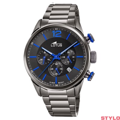 Reloj Lotus Chrono Acero Ip Gris Esfera Negra Con Detalles En Azul Cronógrafo 43mm Ref: 18686/3