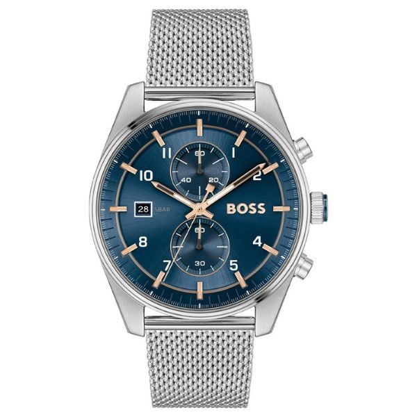 Reloj Boss Caballero Skytraveller Malla Milanesa Acero Esfera Azul Cronógrafo 44mm Ref: 1514149